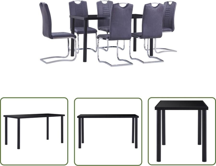 The Living Store Eetset Eettafel 140x70x75 cm Zwart gehard glas en metaal 6 Grijs kunstsuède eetstoelen Staal 42x52x100 cm Eetkamerset Eettafel Eetkamerstoelen Kunstleder Zwarte Eettafel