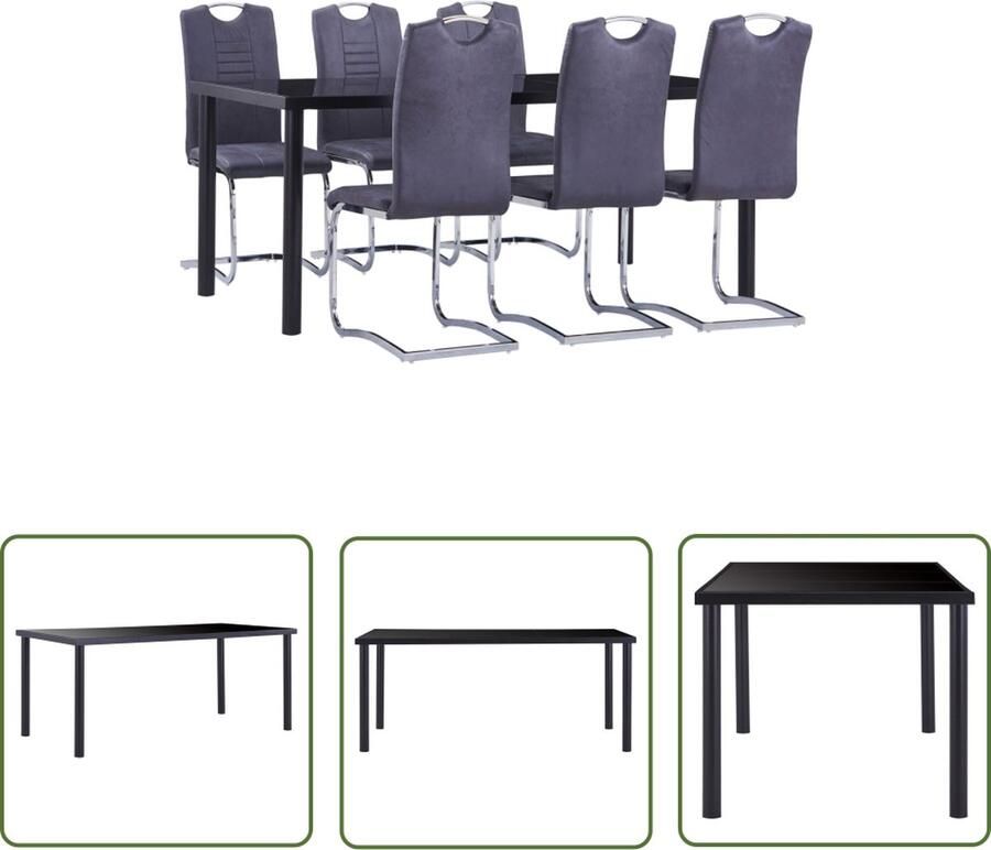 The Living Store Eetset Tafel Stoel Zwart Gehard Glas 180x90x75 cm Grijs Kunstsuède Handvat Montage vereist Eetkamerset Eettafel Stoelen Zwarte Eettafel Grijze Stoelen