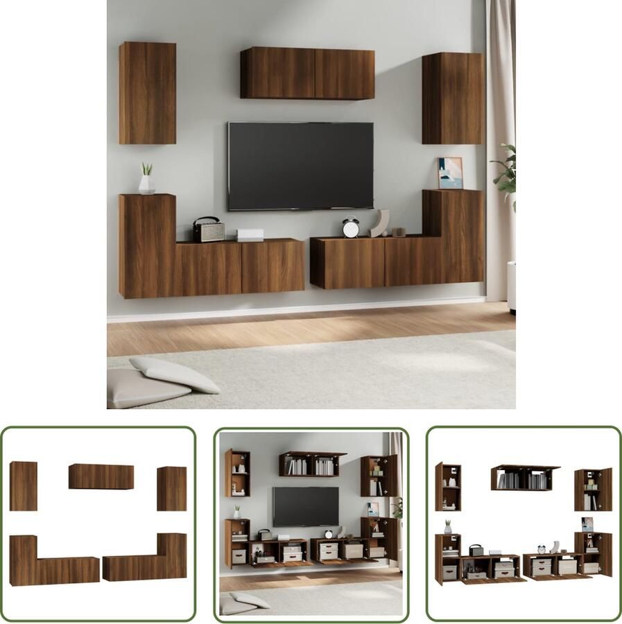 The Living Store 7-delige Tv-meubelset bewerkt hout bruin eikenkleur TV Kast Tv Meubel Houten Tv Kast Wandmontage Tv Kast Salontafel - Foto 2