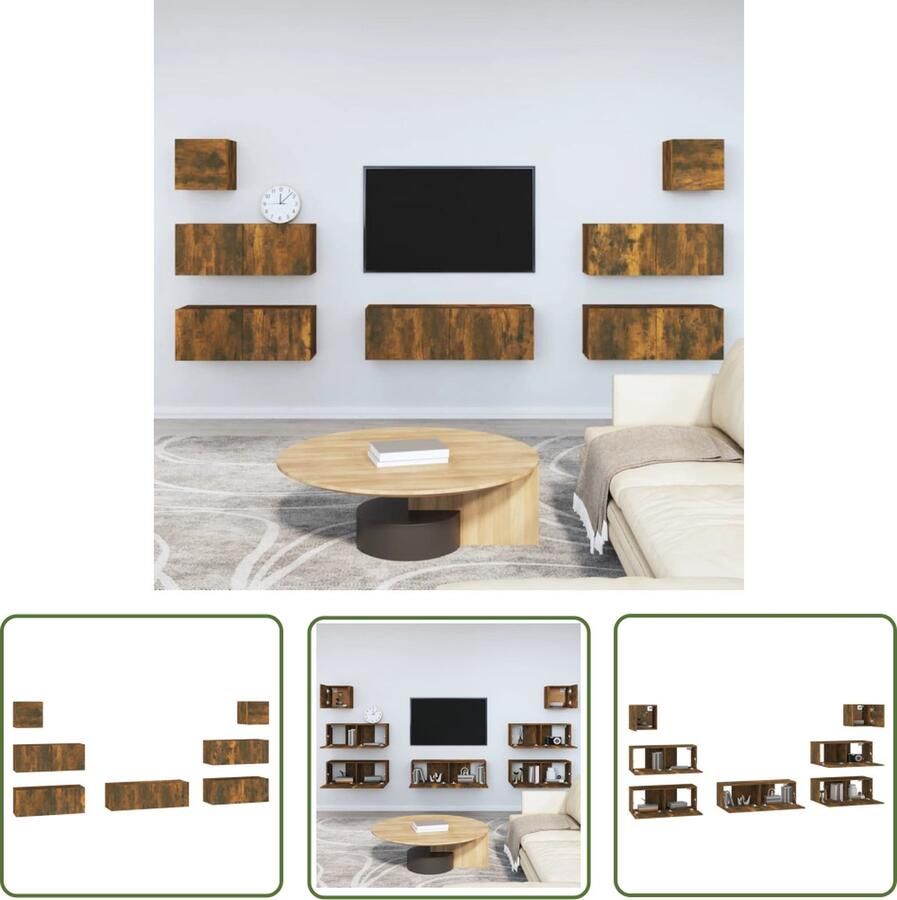 The Living Store TV-meubelset Gerookt eiken 80x30x30cm 100x30x30cm 30.5x30x30cm TV-meubel Houten TV-stand Wandmontage Bruine TV Kast Salontafel - Foto 2
