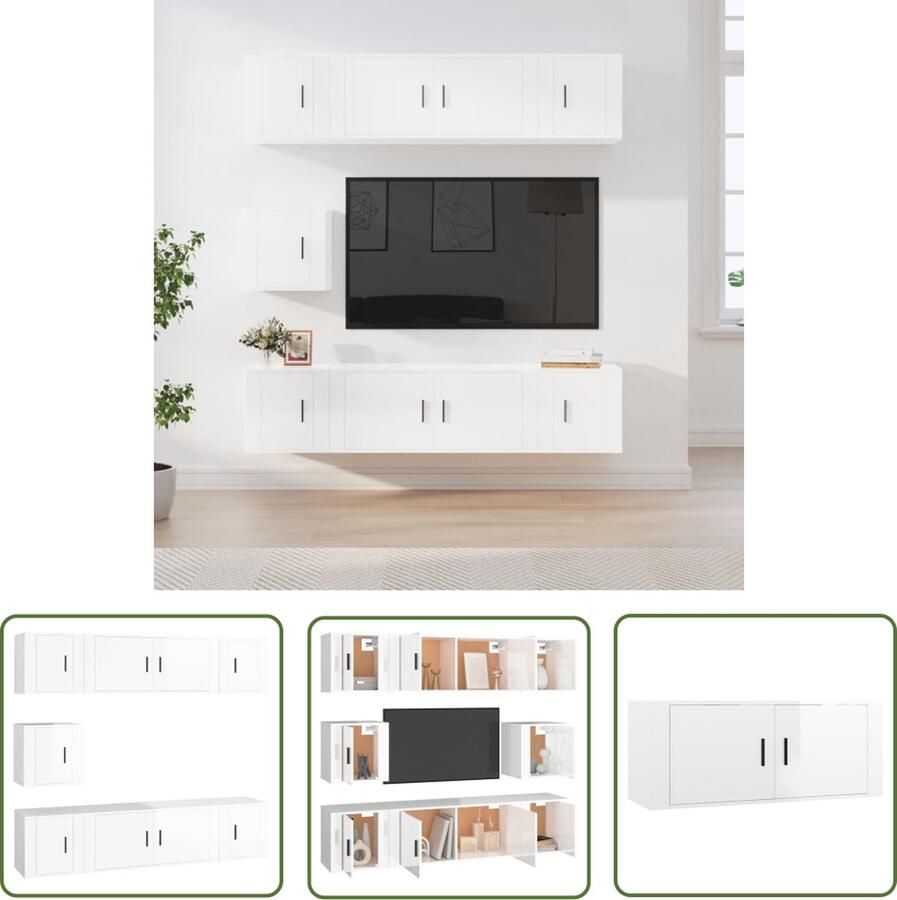 The Living Store TV-meubelset wit 2x 100x34.5x40 cm + 5x 40x34.5x40 cm TV Kast Salontafel Houten Tv-meubel Witte Tv-stand Opbergruimte - Foto 2
