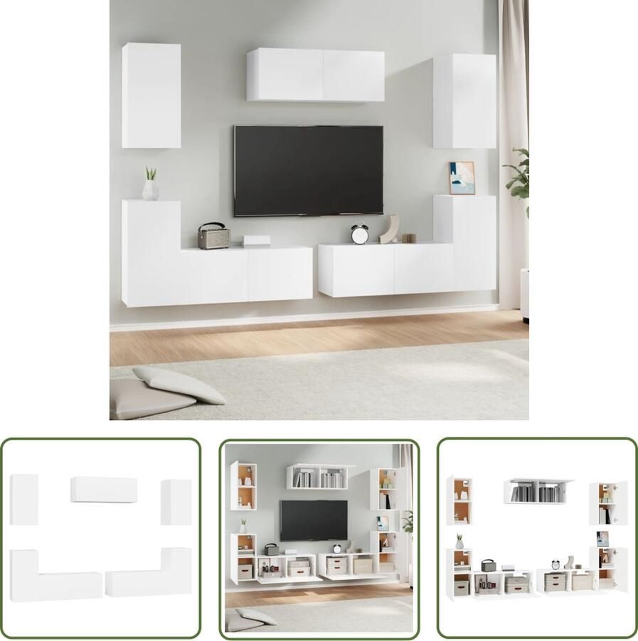 The Living Store 7-delige Tv-meubelset bewerkt hout wit Tv Kast Wandmontage Houten Tv Stand Salontafel Opbergruimte - Foto 2