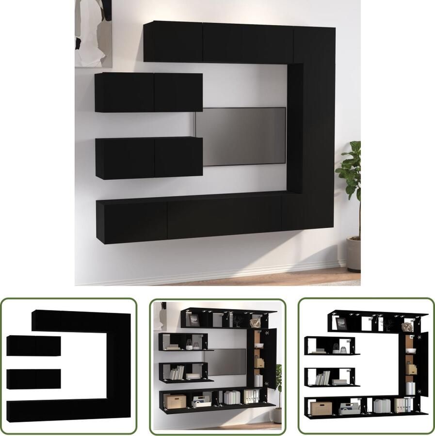 The Living Store Televisiemeubelset Klassiek Zwart 4x 80x30x30cm 1x 30.5x30x110cm 2x 100x30x30cm Televisiesectie Tv Meubel Houten Tv Kast Zwarte Tv Kast Wandmontage Tv Kast - Foto 2