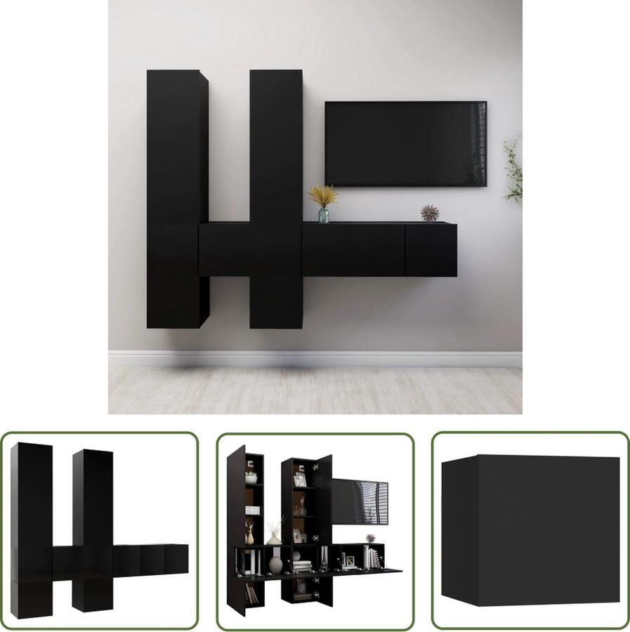 The Living Store 7-delige Tv-meubelset bewerkt hout zwart Tv Kast Tv Meubel Wandmontage Boekenplank Livingroom Furniture - Foto 2