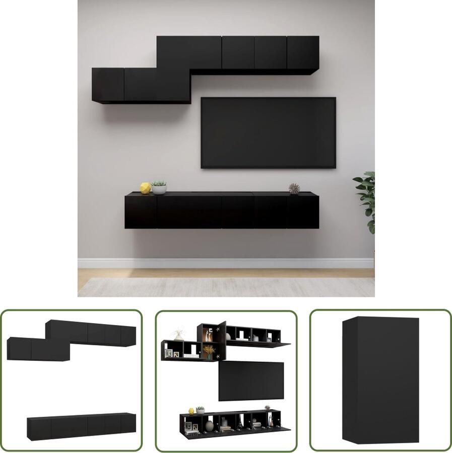 The Living Store Televisiemeubelset Hangend Spaanplaat Zwart 7-delige set Montage vereist Tv-meubelset Tv-kast Wandmontage Zwart Houten Tv-meubel - Foto 2