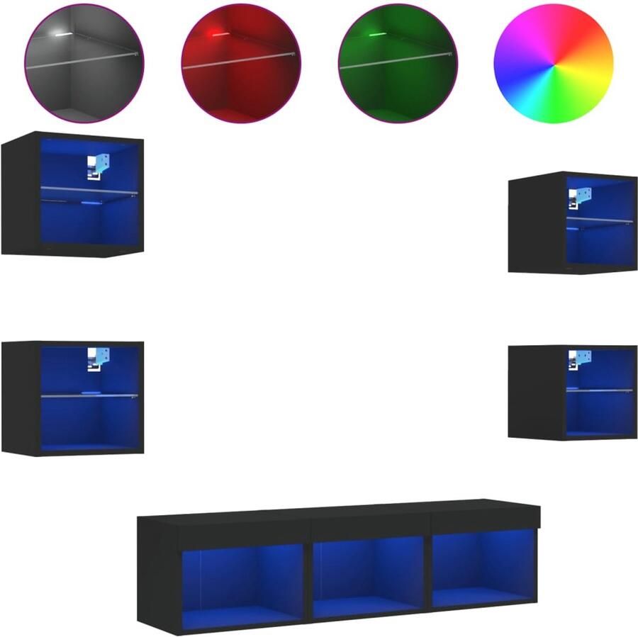 The Living Store 7-delige tv-wandmeubelset met LED bewerkt hout zwart Tv-kast Tv-meubel Wandmontage Led Verlichting Rgb Verlichting - Foto 2