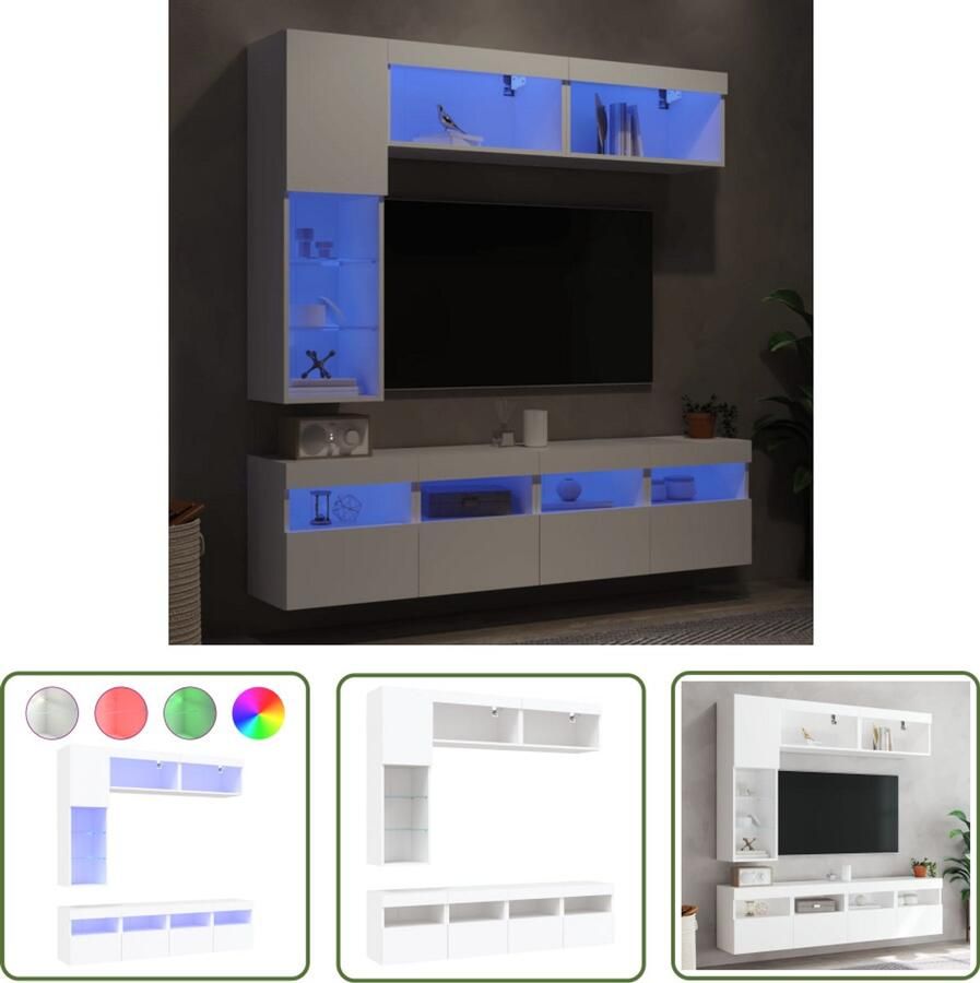 The Living Store 7-delige Tv-wandmeubelset met LED-verlichting wit Tv-kast Tv-meubel Wandmontage Led Verlichting Wit Meubilair