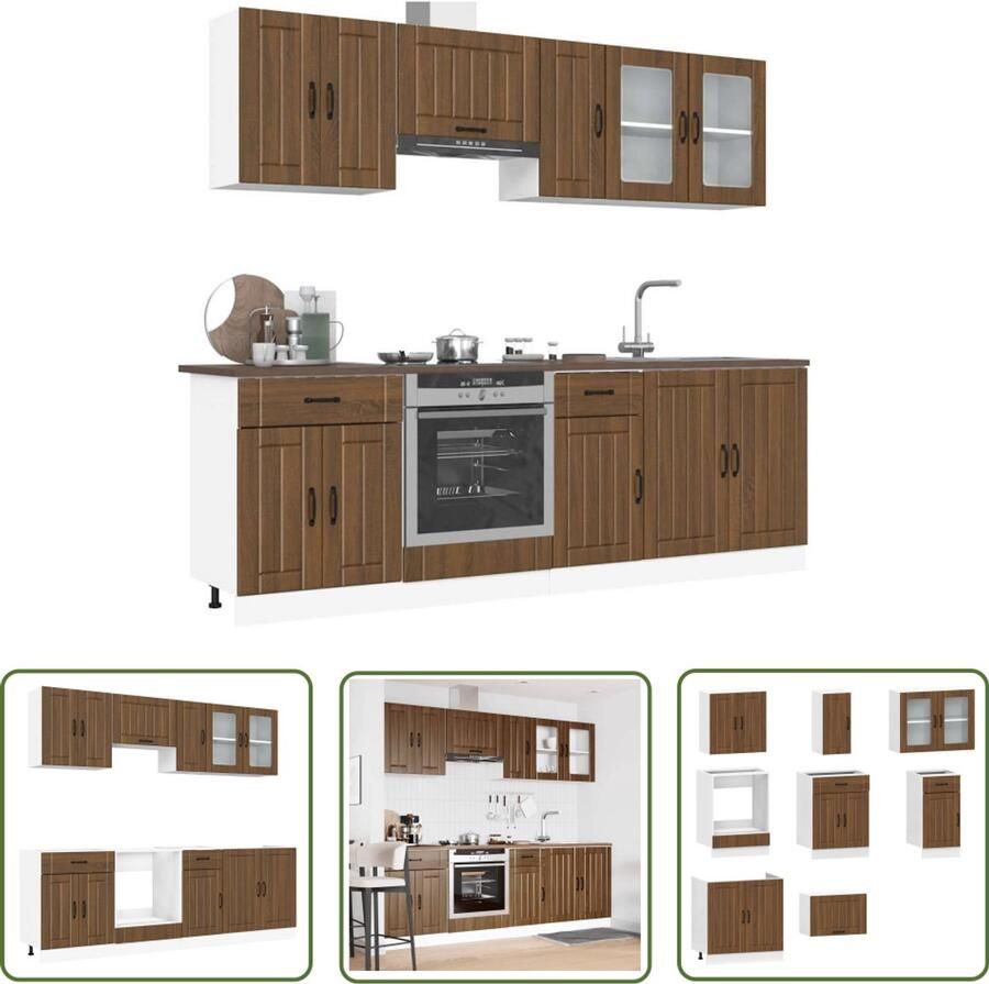 The Living Store 8-delige Keukenkastenset Kalmar bewerkt hout bruin eikenkleur Keuken Kast Houten Keuken Bruine Eiken Keuken Keukenkastenset Kalmar Serie