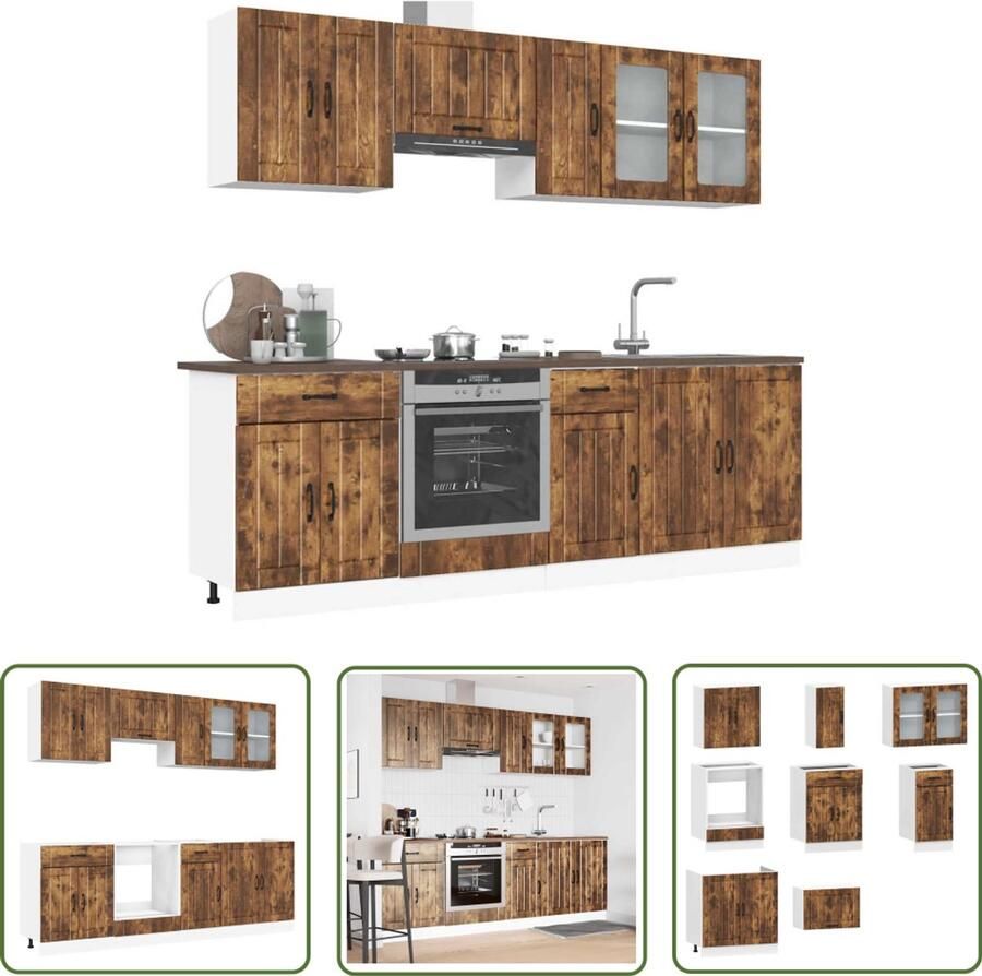 The Living Store 8-delige Keukenkastenset Kalmar bewerkt hout gerookt eiken Keuken Kast Houten Keuken Keukenmeubel Kalmar Serie Gerookt Eiken