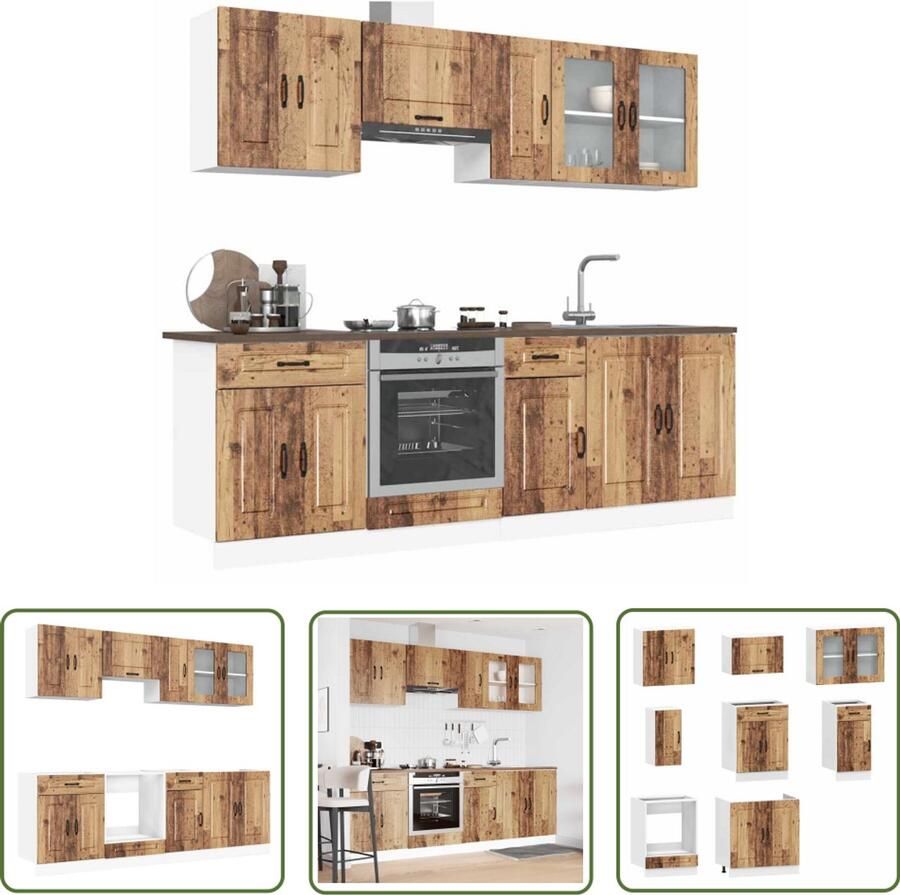 The Living Store 8-delige Keukenkastenset Kalmar bewerkt hout oud houtkleurig Keuken Kast Houten Keuken Keukenkasten Set Koksmeubilair Opslagruimte Keuken