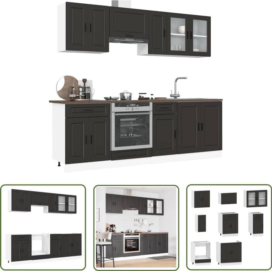 The Living Store 8-delige Keukenkastenset Kalmar bewerkt hout zwart Keukenkasten Houten Keukenkasten Zwarte Keukenkasten Kookeiland Kast Opslagoplossing Keuken