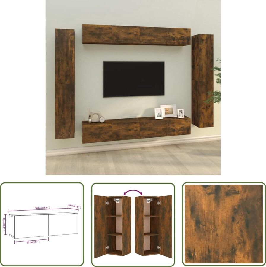 The Living Store Televisiemeubelset Gerookt eiken 100 x 30 x 30 cm 30.5 x 30 x 90 cm Televisieserie Tv Kast Wandmontage Houten Tv Stand Bruine Tv Kast - Foto 2