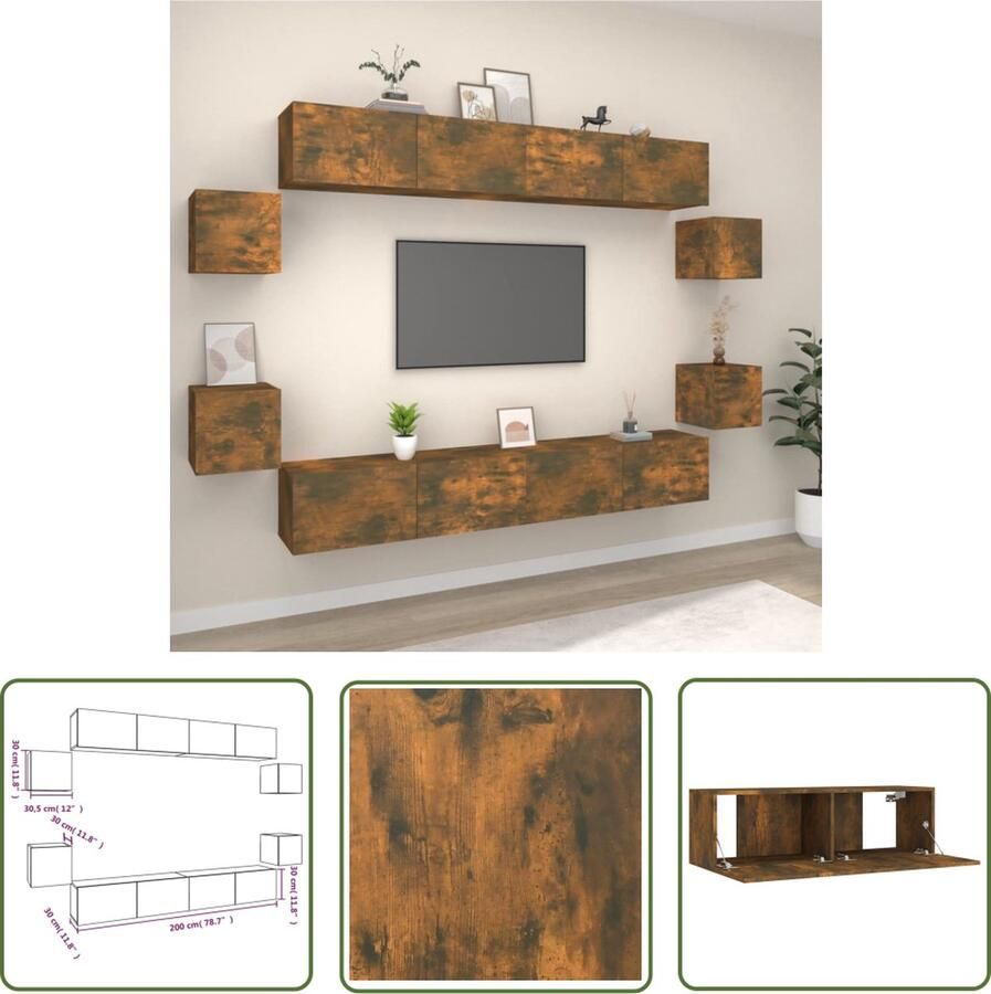 The Living Store TV-meubelset Gerookt eiken 8 stuks 100x30x30cm 30.5x30x30cm Wandgemonteerd TV Kast Wandmontage Houten TV Kast Tv Meubelset Bruine TV Kast - Foto 2