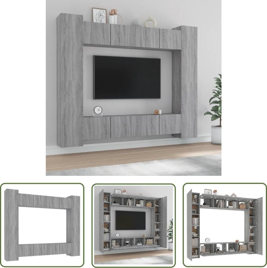 The Living Store TVwandmeubelset grijs sonoma eiken 4 stuks- 80x30x30 cm 30.5x30x90 cm TV Kast Wandmontage Tv Meubilair Houten Tv Kast Grijze Tv Kast