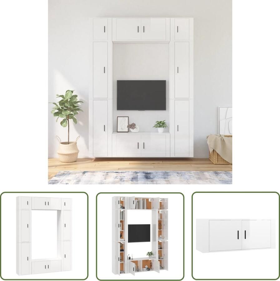 The Living Store TV-meubelset Klassiek Hoogglans wit Hout 4x 40x34.5x100cm 2x 100x34.5x40cm 2x 40x34.5x40cm TV-meubel Tv Kast Houten Tv-kast Wit Tv-meubel Salon Meubilair - Foto 2