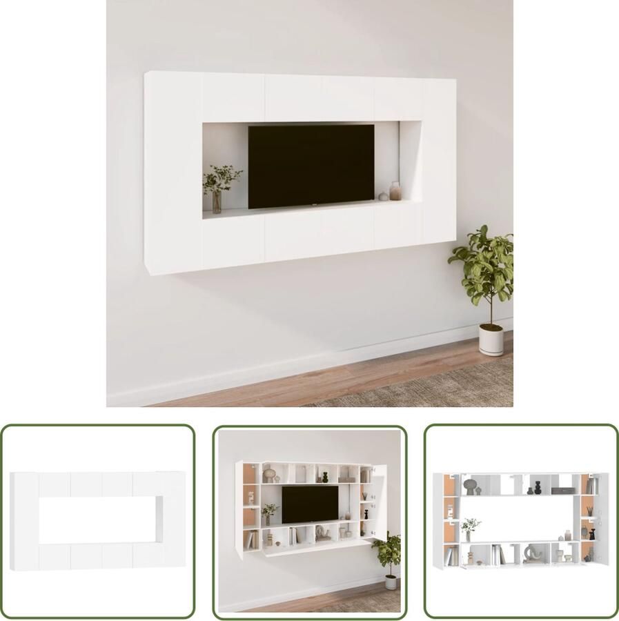 The Living Store 8-delige Tv-meubelset bewerkt hout wit TV Meubel Wandmontage Houten Kast Witte Tv Stand Opbergruimte - Foto 2