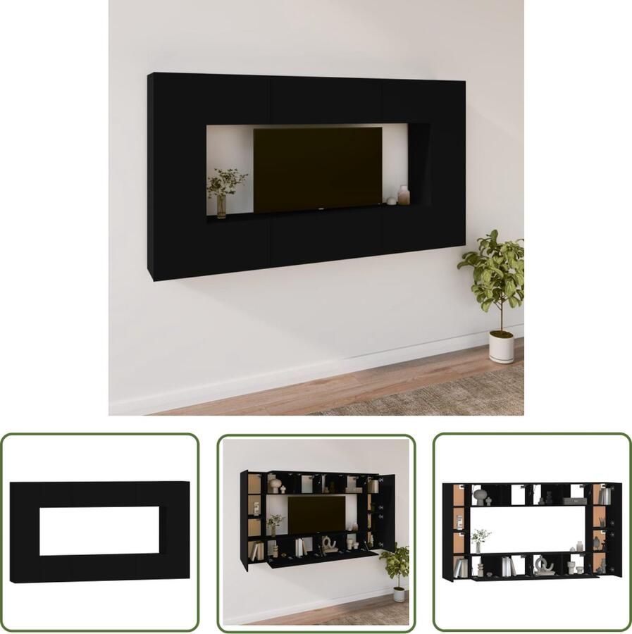 The Living Store Televisiemeubelset Klassiek Wandmontage Zwart Hoge kwaliteit Televisiesectie Wandtv Kast Houten Tv Stand Tv Meubel Zwart Opbergkasten - Foto 2