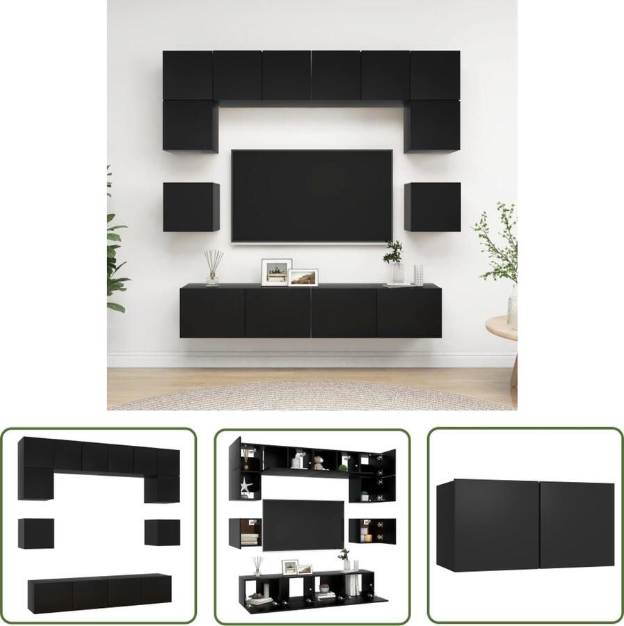 The Living Store TV-meubelset Montana Wandbevestiging Zwart Spaanplaat 80x30x30cm 60x30x30cm 30.5x30x30cm Tv Kast Wandmontage Tv Kast Houten Tv Kast Zwarte Tv Kast Media Kast - Foto 2