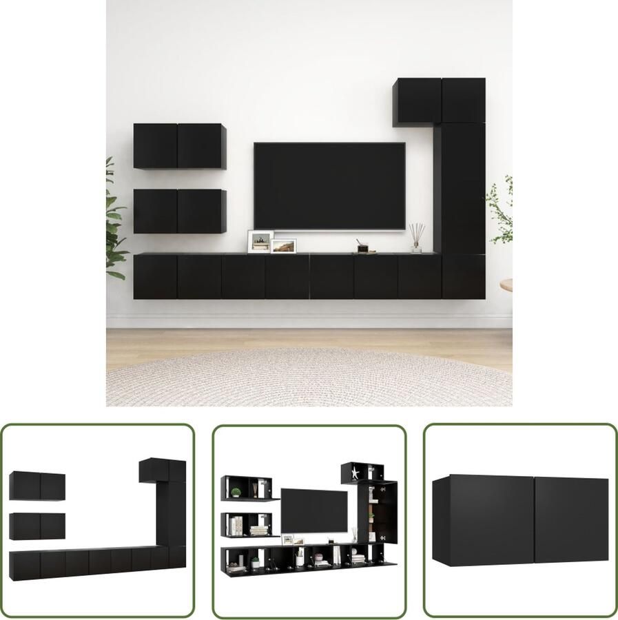 The Living Store televisiemeubelset Hangend Spaanplaat Zwart 7x 60x30x30cm + 1x 30.5x30x90cm Tv-meubelset Tv-kast Wandmontage Zwart Houten Tv-meubel - Foto 2