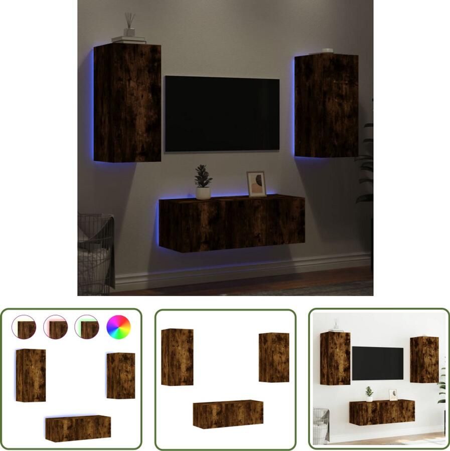 The Living Store Zwevend TV-meubel Wandmontage RGB LED-verlichting Gerookt Eiken Incl 4x wandmeubel- maten Bewerkt Hout Montage vereist