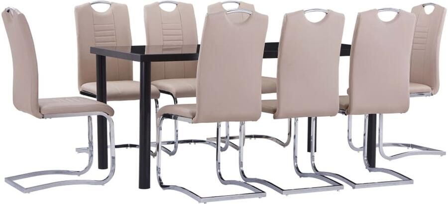 The Living Store Eethoek Zwart Gehard Glas en Metaal 160 x 80 x 75 cm Cappuccino Kunstleer 42 x 52 x 100 cm 8 Stoelen Eetkamer Set Eettafel Eetkamerstoel Kunstleder Meubilair Zwarte Eettafel