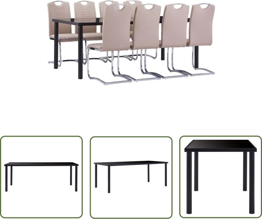 The Living Store Eetset Eettafel Gehard Glas Metaal 200x100x75 cm Zwart 8x Tuinstoel Kunstleer Staal 42x52x100 cm Cappuccino Eetkamer Set Eettafel Eetkamerstoelen Salontafel Koffiezetapparaat