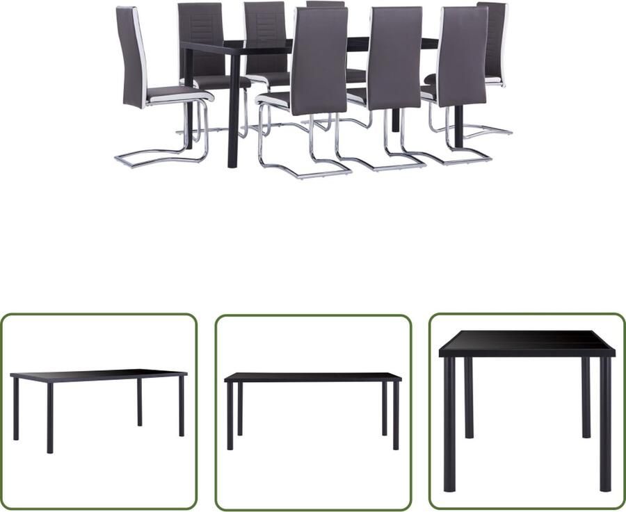 The Living Store Eetset Tuin 180x90x75 cm Zwart Gehard glas en metaal Grijs kunstleer Staal 8 stoelen Eetkamerset Eettafel Stoelen Tuinset Buitendecoratie
