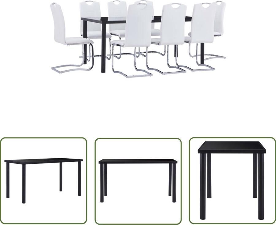 The Living Store Eetset Tafel met Gehard Glas Zwart metaal 180 x 90 x 75 cm Eetstoelen met Kunstleren bekleding Wit 42 x 52 x 100 cm 8 stuks Eetkamerset Eettafel Eetkamerstoelen Zwarte Eettafel Witte Eetkamerstoelen