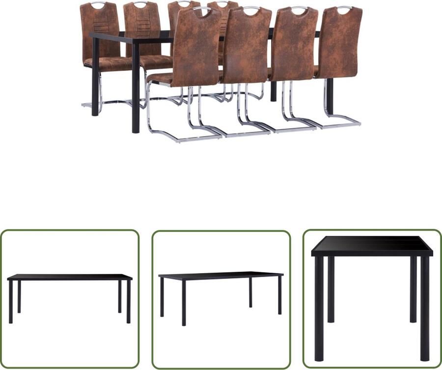 The Living Store Eettafelset zwart gehard glas en metaal 200x100x75 cm bruin kunstsuède 8 tuinstoelen Eetkamerset Eettafel Eetkamerstoelen Zwarte Eettafel Houten Eettafel