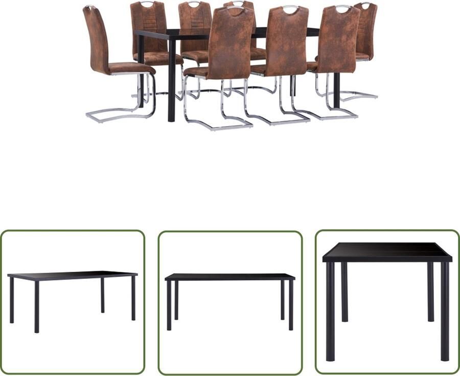 The Living Store Eettafelset Zwart Gehard glas en metaal 180 x 90 x 75 cm 8 tuinstoelen Bruin Kunstsuède en staal 42 x 52 x 100 cm Eetkamerset Eettafels Eetzittingen Salontafel Dining Set