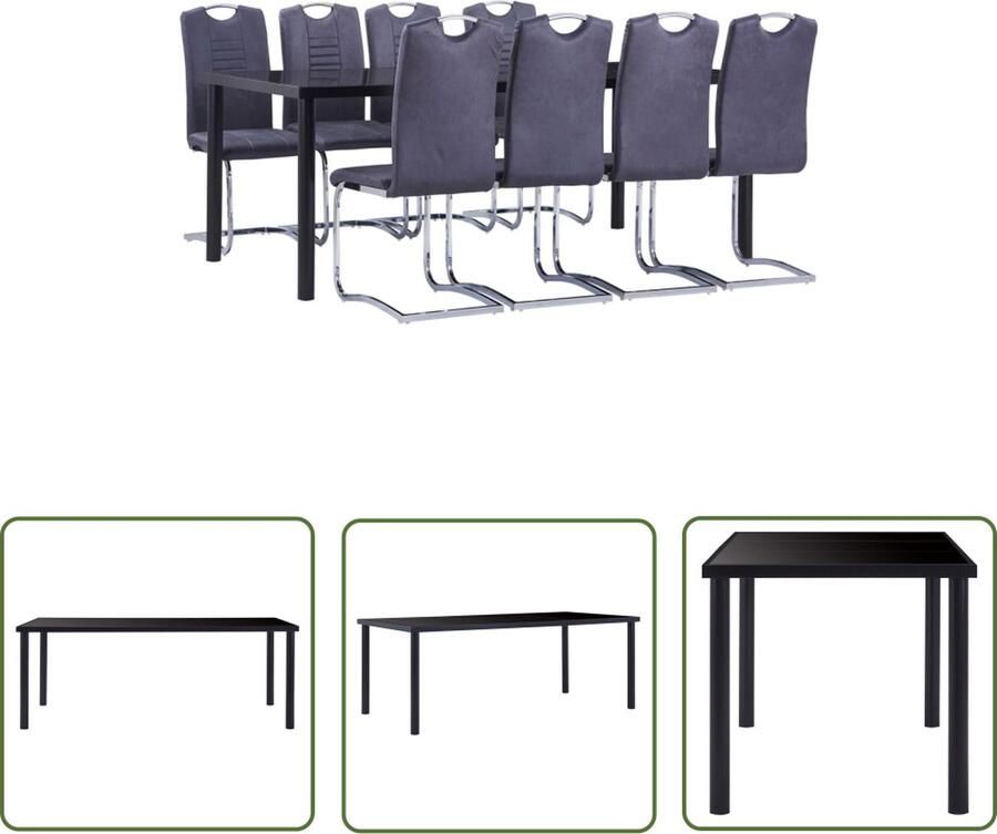 The Living Store Eetset Zwarte tafel 200x100x75 cm Gehard glas en metaal Grijs kunstsuède 8 tuinstoelen Met handvat Eetkamerset Zwarte Tafel Grijze Stoelen Eettafel Tuinset