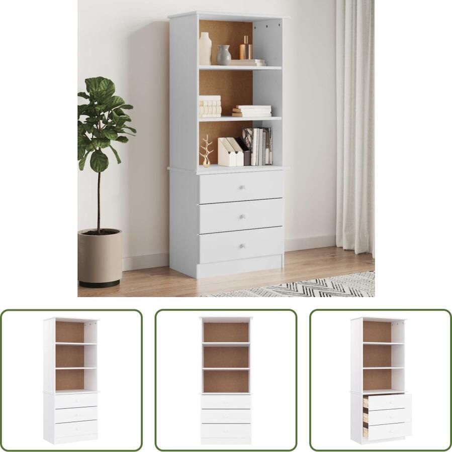 The Living Store Boekenkast met lades ALTA 60x35x142 cm massief grenenhout wit Boekenkast Bibliotheek Hout Meubel Grenenhout Witte Kast