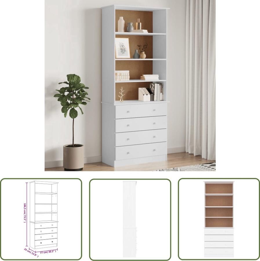 The Living Store Boekenkast met lades ALTA 77x35x186 5 cm massief grenenhout wit Boekenkast Houten Boekenkast Grenenhouten Boekenkast Bibliotheek Opbergkast - Foto 2