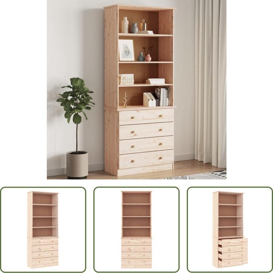 The Living Store ALTA Boekenkast 77x35x186.5 cm Massief grenenhout 4 vakken en 4 lades Boekenkast Houten Boekenkast Grenenhouten Boekenkast Vintage Boekenkast Rustic Boekenkast