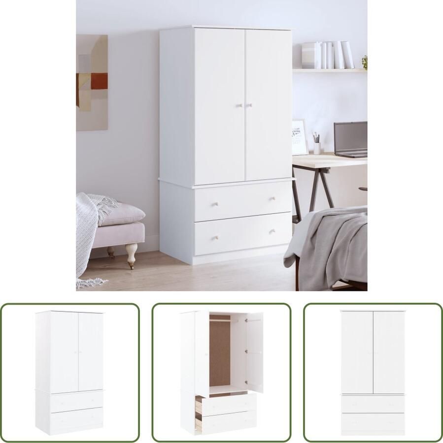 The Living Store ALTA Houten Kledingkast 90x55x170 cm Wit Massief Grenenhout Houten Kledingkast Garderobe Dressoir Opbergkast Grenenhout Kast - Foto 2