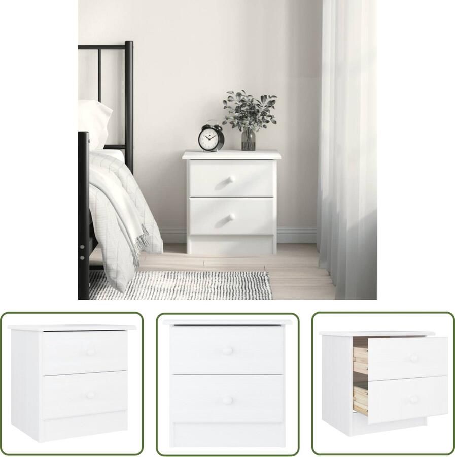 The Living Store ALTA Nachtkastje massief grenenhout 43x35x40.5 cm 2 lades Nachtkastje Massief Hout Grenenhout Wit Slaapkamer Meubilair - Foto 2