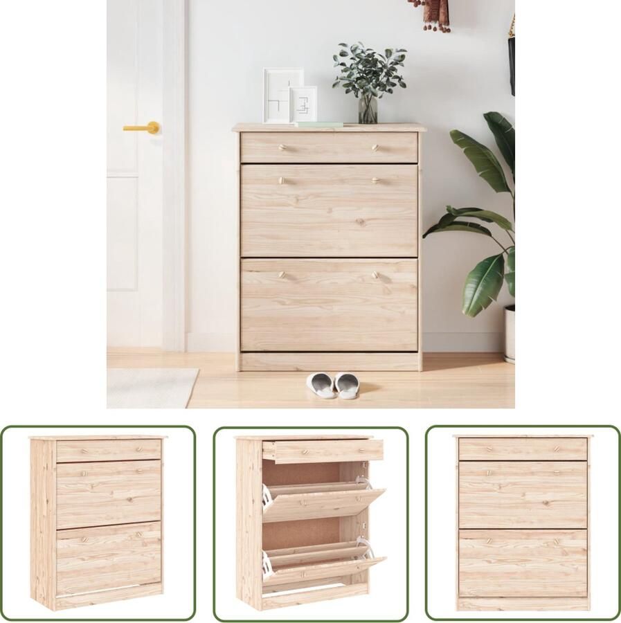The Living Store ALTA Schoenenkast 77x35x96 cm Massief grenenhout 2 klapdeuren 1 lade Houten knoppen Onderhoudsvriendelijk Onbehandeld Montage vereist Schoenenkast Schoenuitleg Bergruimte Grenenhouten Kast Vintage Kast - Foto 3