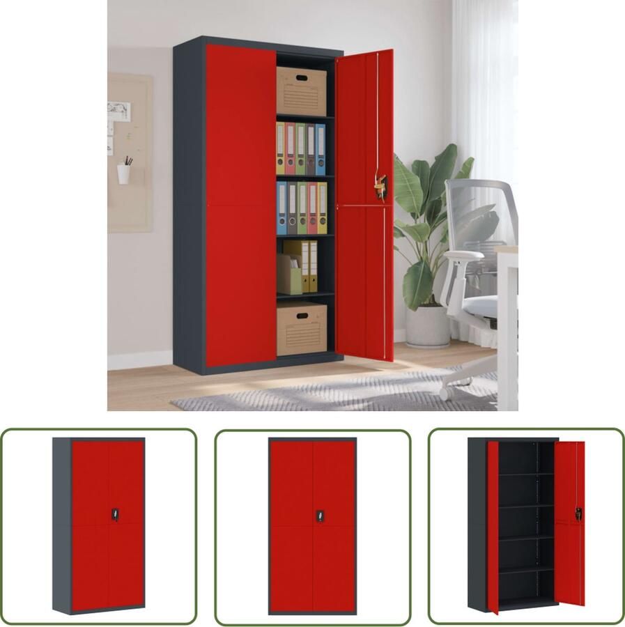 The Living Store Archiefkast Antraciet en Rood 90 x 40 x 180 cm Gepoedercoat staal