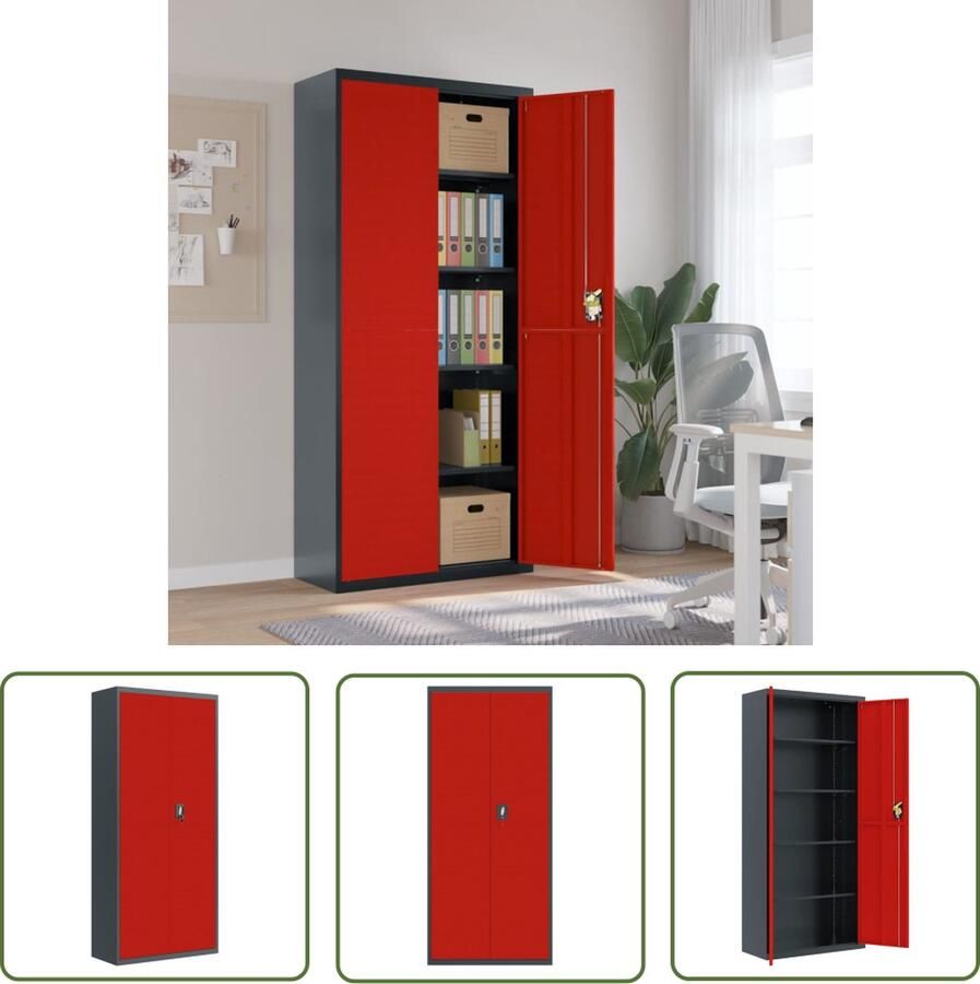 The Living Store Archiefkast Extra Hoog Staal 90 x 40 x 200 cm Antraciet en Rood