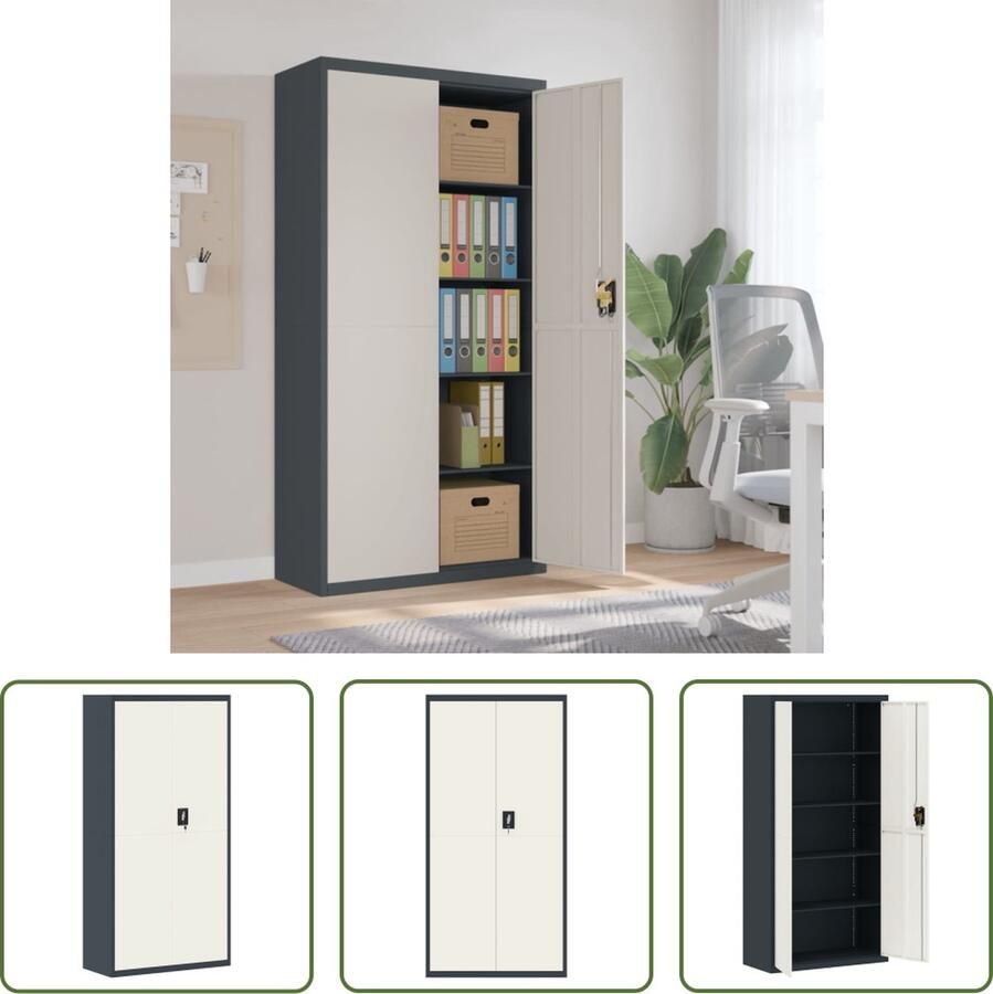 The Living Store Archiefkast Staal 90 x 40 x 180 cm Antraciet Wit
