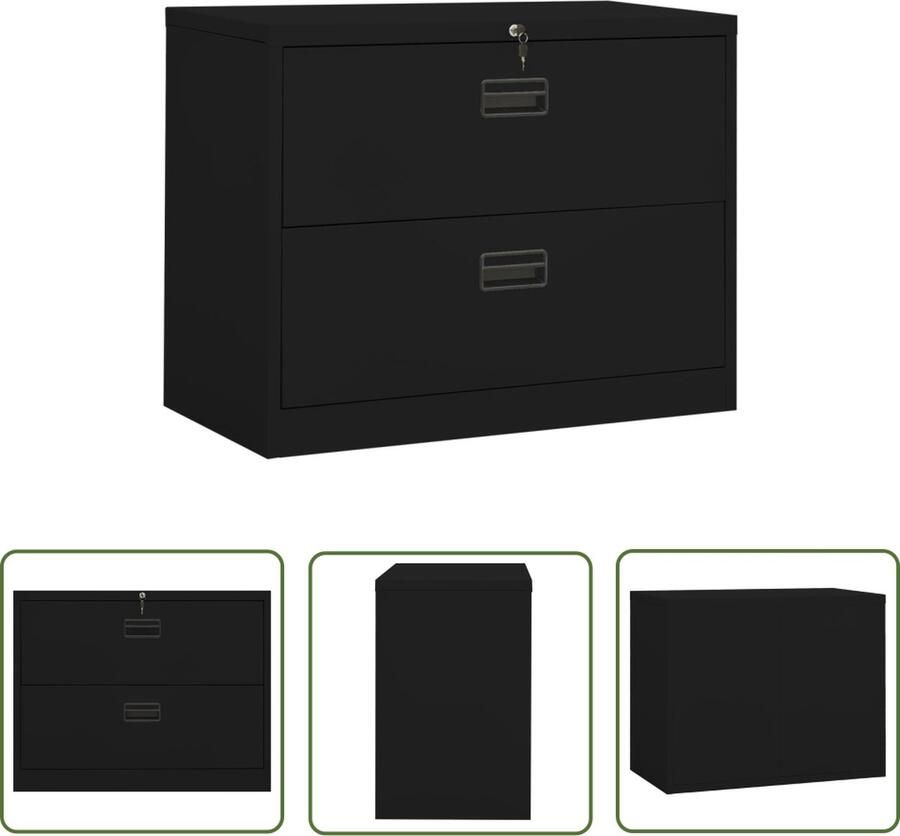 The Living Store Archiefkast Staal 90 x 46 x 72.5 cm 2 lades Met slot Zwart