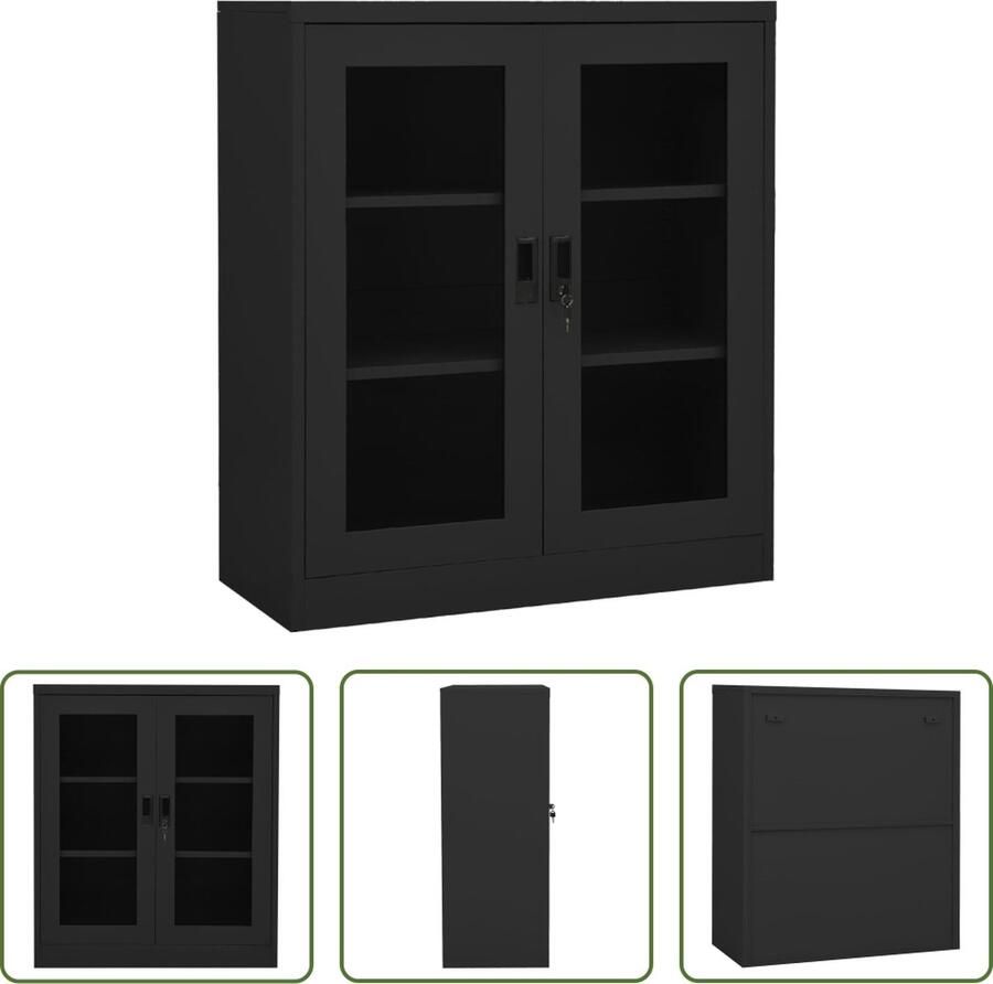 The Living Store Archiefkast Staal 90x40x105 cm Gehard glas Antraciet - Foto 2