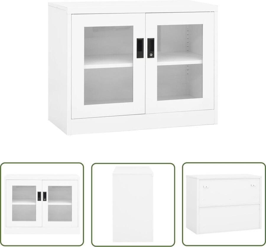 The Living Store Archiefkast Staal en Gehard Glas 90x40x70 cm Wit - Foto 2