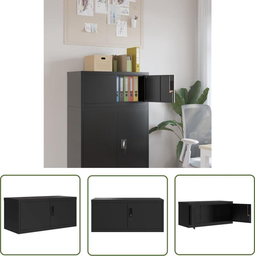 The Living Store Archiefkast Zwart Gepoedercoat staal 90 x 40 x 40 cm Afsluitbaar Archiefkaartje Archivak Metalen Kasten Zwarte Kasten Bureauspullen
