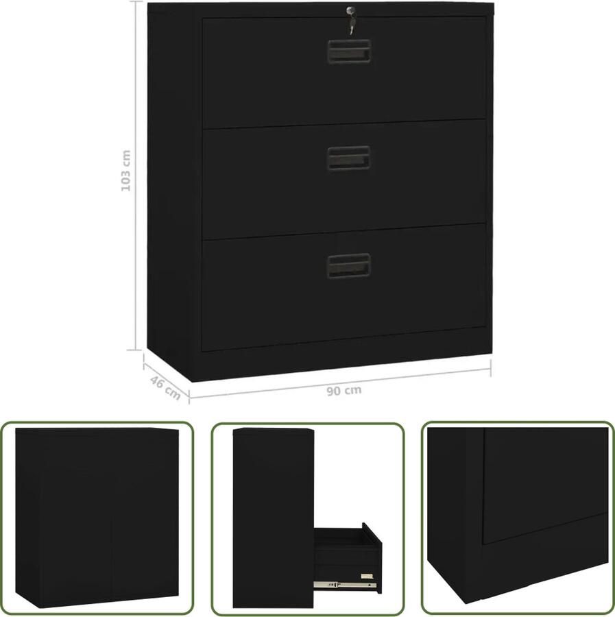 The Living Store Archiefkast Zwart Staal 90 x 46 x 103 cm 3 Lades A4 + Amerikaanse Letter + Legal 135 kg draagvermogen Met slot - Foto 2