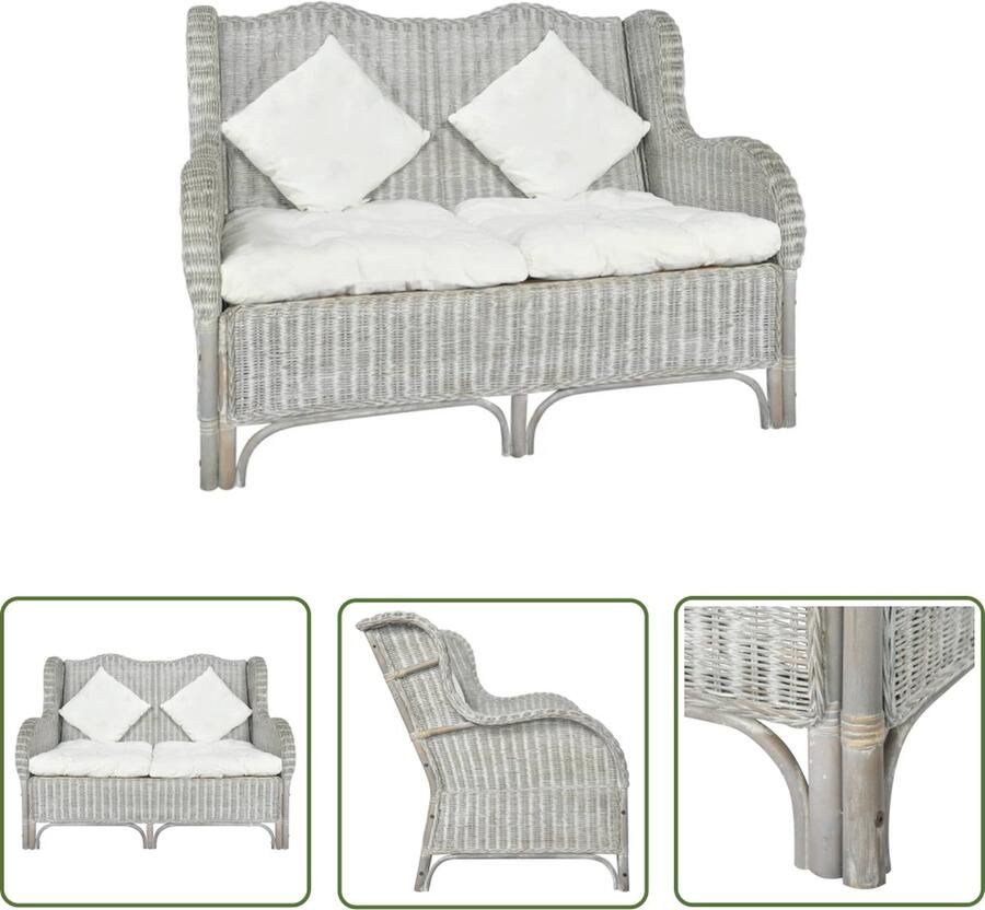 The Living Store 2-zitsbank Rattan 120 x 84 x 90.5 cm Grijs Crèmewit kussen Tweezitsbank Rotan Bank Lounge Bank Binnenbank Relaxstoel - Foto 2