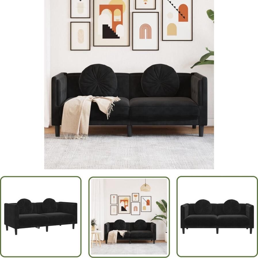 The Living Store Bank Madrid 2-zits Zwart Fluweel Comfortabel en modern design 173.5x77x70cm Tweezitsbank Fluweel Sofa Zwarte Bank Moderne Bank Comfortabele Bank