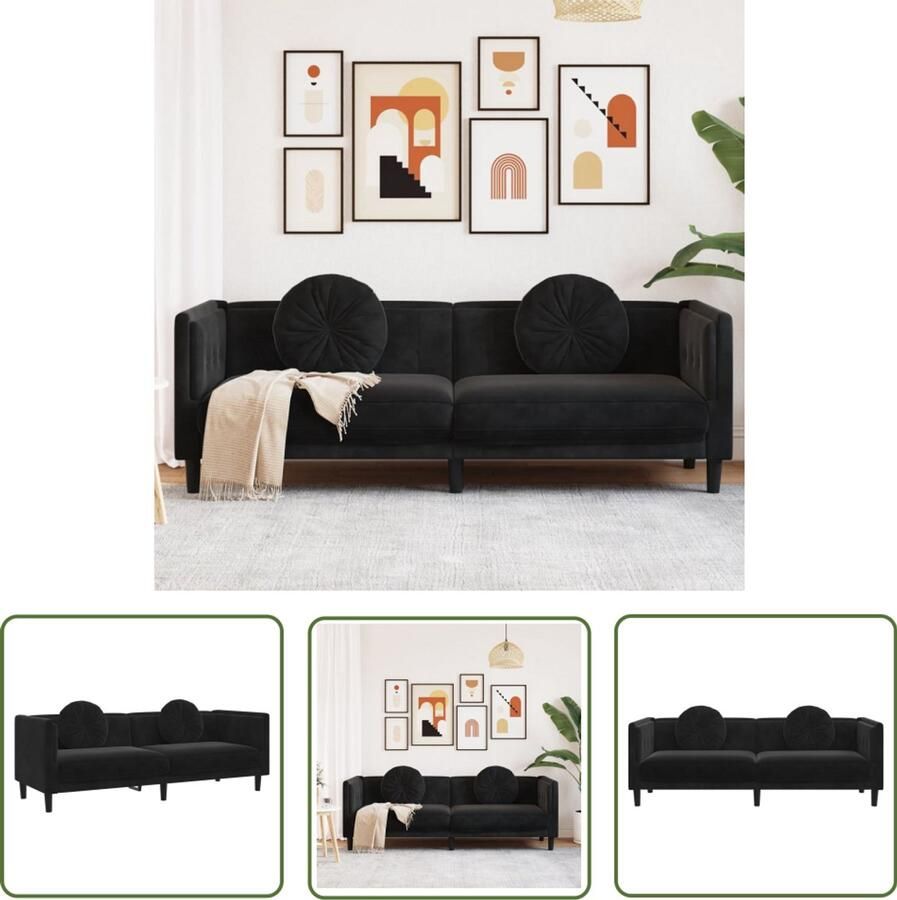 The Living Store Zwarte Fluweel 3-zitsbank 193.5 x 77 x 70 cm Comfortabele zitervaring 3 Zits Bank Zwarte Bank Fluweel Bank Comfortabele Bank Lounge Bank