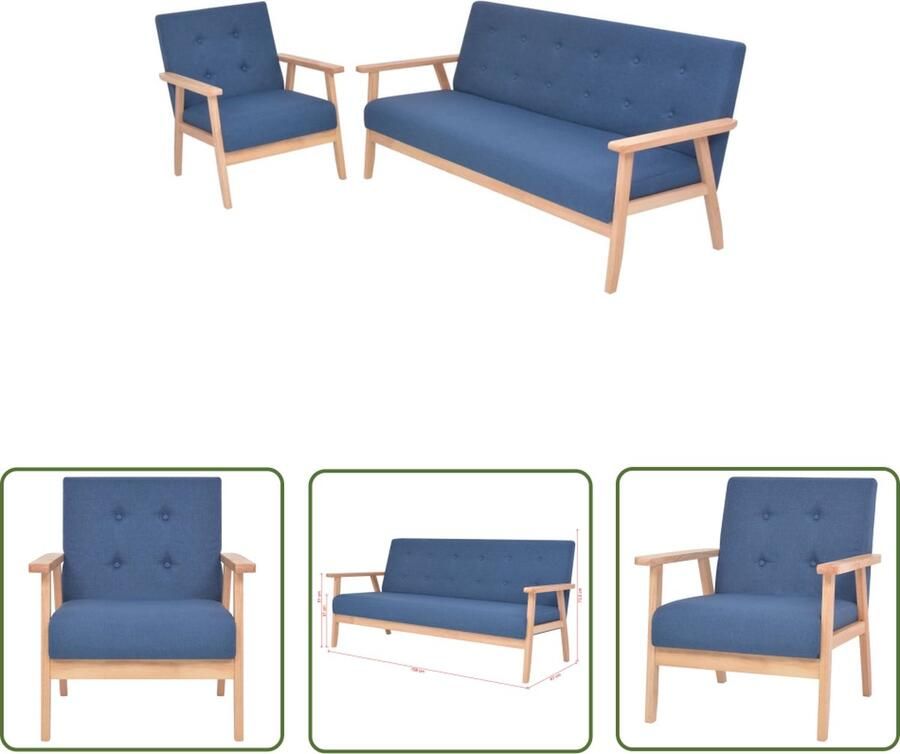 The Living Store Bankenset Blauw Houten frame Polyester stof Fauteuil en 3-zitsbank Eenvoudig te monteren Comfortabele Bank Bankenset Fauteuils 3 Zits Bank Salontafel - Foto 2