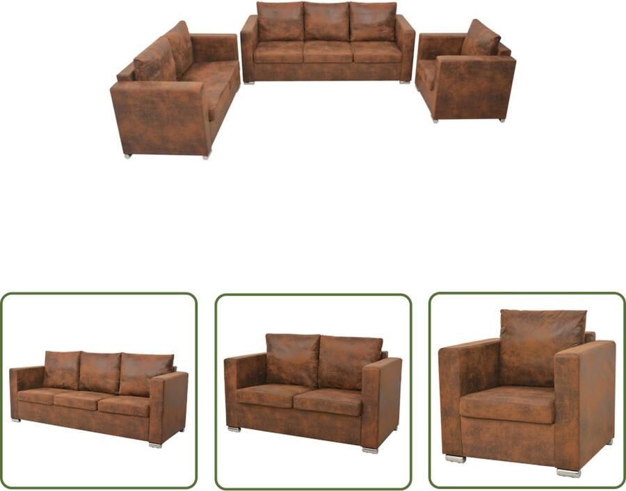The Living Store Bankenset Afmetingen- 82 x 73 x 82 cm 137 x 73 x 82 cm 191 x 73 x 82 cm Kleur- bruin Materiaal- houten frame en kunstsuède bekleding Bankenset Bruine Bank Leder Look Loungehoek Fauteuils - Foto 2